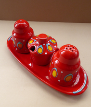 Load image into Gallery viewer, 1960s BRISTOLIA, ITALY Pottery Cruet Set. Salt and Pepper Pot, Mustard Pot on Stand
