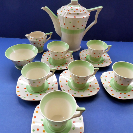 ART DECO Tams Ware Pottery Rainbow Polka Dots Complete Coffee Set. Extremely Rare