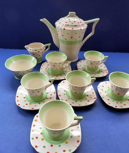 ART DECO Tams Ware Pottery Rainbow Polka Dots Complete Coffee Set. Extremely Rare