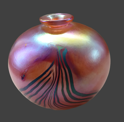 1980s John Ditchfield Unique Piece Iridescent Glass Vase with Art Nouveau Zebra Trails. Signed