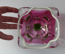 Load image into Gallery viewer, Josef HOSPODKA / Chribska; Czechoslovakia. Vintage 1960s Bowl with Green and Cranberry Colours Cased in Clear - with white rim
