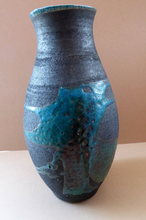 Load image into Gallery viewer, STUDIO POTTERY. Tall Vintage 1960s Vase. Matt Black Lava Glaze Turquoise Splashes: Impressed GS Mark. 11 inches
