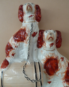 Antique Staffordshire King Charles Spaniel Dogs Sitting on Top of a Barrel. Genuine Victorian Figurine