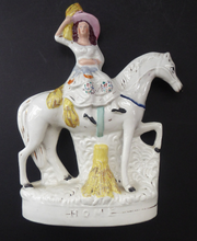Load image into Gallery viewer, Antique Victorian STAFFORDSHIRE Figurine. Harvesting Subject. Lady on Horseback Carrying Sheaves of Wheat. HOME
