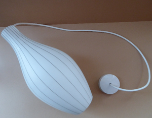 Mid-Century Design Classic. 1950s Skittle Shaped Glass Hanging Lampshade; possibly Danish. Opaque White Glass with Grey Stripes
