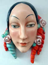 Load image into Gallery viewer, Rare 1930s GOEBEL Pottery Wall Mask. Art Deco Spanish Lady with Fabulous Floral Hair Decorations. LARGER size. 7 inches
