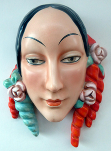 Rare 1930s GOEBEL Pottery Wall Mask. Art Deco Spanish Lady with Fabulous Floral Hair Decorations. LARGER size. 7 inches