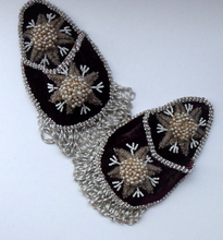Load image into Gallery viewer, 1880s VICTORIAN PAIR of Beaded Wall Pockets. Black Cloth with Faux Pearl and Beadwork Decorations
