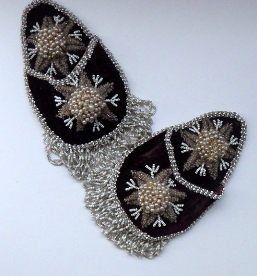 1880s VICTORIAN PAIR of Beaded Wall Pockets. Black Cloth with Faux Pearl and Beadwork Decorations