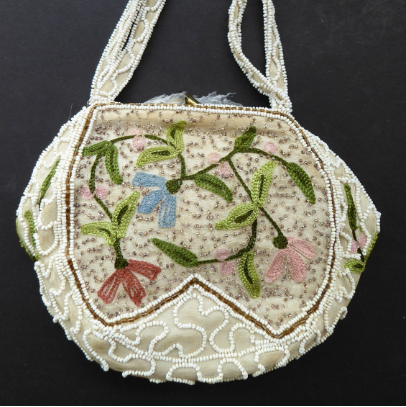 Delicate Vintage 1940s / 1950s Beaded Evening Bag; BELGIAN. Embellished with glass beads, and Embroidered Flowers