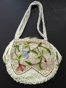 Delicate Vintage 1940s / 1950s Beaded Evening Bag; BELGIAN. Embellished with glass beads, and Embroidered Flowers