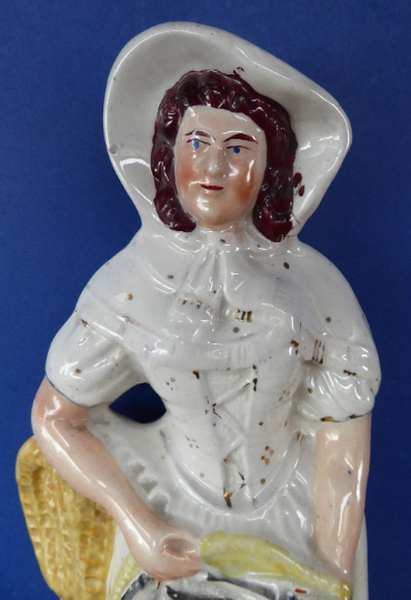 19th Century Staffordshire Figurine. LARGE Antique Model of a Fishwife with a Basket of Fish and Fishing Net: 13 1/2 inches