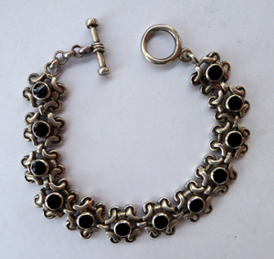Vintage SOLID SILVER Bracelet with Abstract Floral Design & Black Enamel Details. SIGNED; probably Scandinavian
