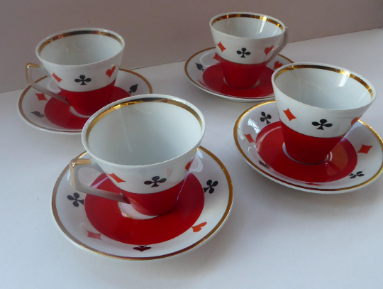 Four Polish CHODZIEZ Mid-Century Porcelain Tea Cups and Saucers. Playi ...