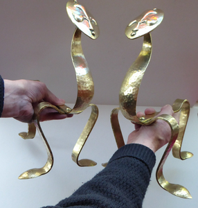 Quirky Pair of VICTORIAN Brass Andirons or Fire Dogs. Strange Art Nouveau / Arts & Crafts Undulating Shape