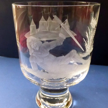 LIMITED EDITION Vintage Caithness SCOTTISH GLASS Rummer / Goblet by Colin Terris (1937 - 2007). Jousting Scene, Fallen Knight