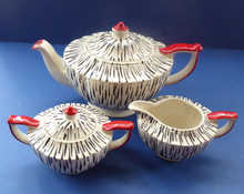 Load image into Gallery viewer, Very Rare Zebra Stripe Sadler Three Piece Teaset. Large Teapot, Rare Lidded Sugar Bowl, and Milk Jug
