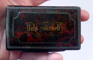 Papier Mâché Snuff Box with Faux Red & Black Marblised Finish. Inscribed in gold: HELP YOURSELF