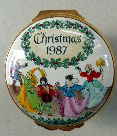 1987 Halycon Days Enamels Christmas Box. Medieval Dancers. Excellent Vintage Condition