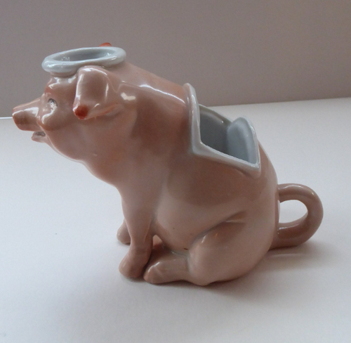 1910s Novelty Inkwell & Stamp Wetter. Strange Pink Pig Model. Antique GERMAN PORCELAIN