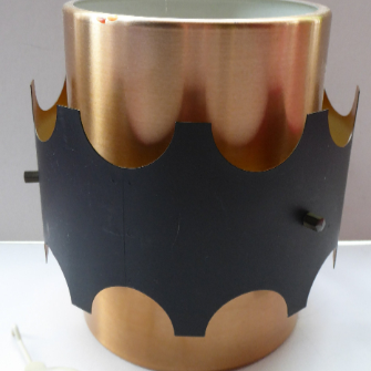 1960s Metal Hanging or Pendant Lamp Shade. Smaller Copperised Drum Shape with Black Abstract Metal Outer Ring