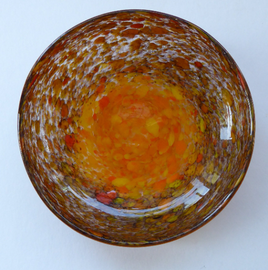 Wee SCOTTISH MONART GLASS Shallow Pin Dish. Mottled Orange, Red, Yellow and Brown Glass with Gold Aventurine & Customary Raised Pontil Mark