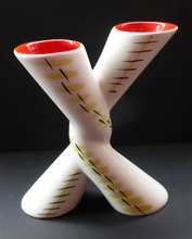Load image into Gallery viewer, Rare 1950s Vintage SYLVAC Cross Shaped Bud Vase - with Abstract Yellow &amp; Black Pattern and Glossy Red Interior
