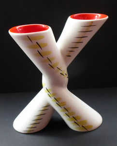 Rare 1950s Vintage SYLVAC Cross Shaped Bud Vase - with Abstract Yellow & Black Pattern and Glossy Red Interior