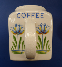 Load image into Gallery viewer, 1950s BRISTOL POTTERY Kitchen Canister or Storage Jar. Vintage Old Delft Tulip Design with Carrying Handle. COFFEE
