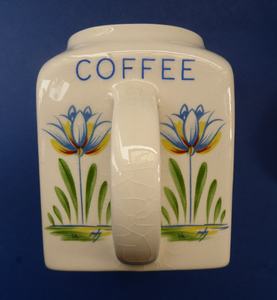 1950s BRISTOL POTTERY Kitchen Canister or Storage Jar. Vintage Old Delft Tulip Design with Carrying Handle. COFFEE