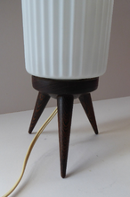 Load image into Gallery viewer, Vintage 1950s Scandinavian Style Table Lamp with Rosewood Tripod Feet and Tall Fluted White Glass Shade
