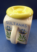 Load image into Gallery viewer, 1950s BRISTOL POTTERY Kitchen Canister or Storage Jar. Vintage Old Delft Tulip Design with Carrying Handle. SULTANAS

