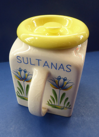 1950s BRISTOL POTTERY Kitchen Canister or Storage Jar. Vintage Old Delft Tulip Design with Carrying Handle. SULTANAS