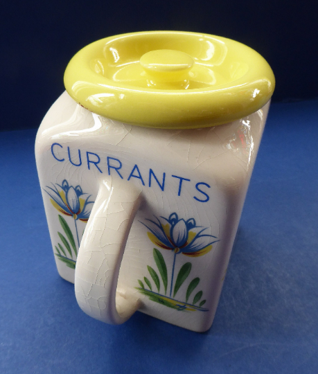 1950s BRISTOL POTTERY Kitchen Canister or Storage Jar. Vintage Old Delft Tulip Design with Carrying Handle. CURRANTS