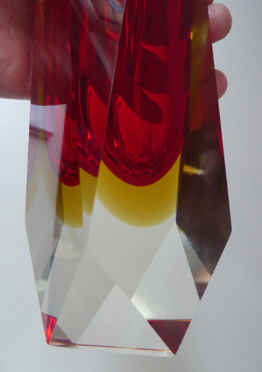 Vintage 1960s MURANO Mandruzzato Sommerso Facet Cut Vase. Double Cased with Red and Yellow Layers