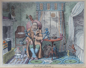 Original GEORGIAN Satirical Print by George Cruikshank (1782 - 1878). Hand-coloured etching entitled Indigestion and dated 1825