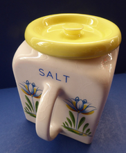 Load image into Gallery viewer, 1950s BRISTOL POTTERY Kitchen Canister or Storage Jar. Vintage Old Delft Tulip Design with Carrying Handle. SALT
