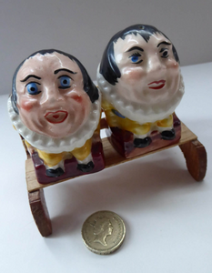 Vintage CRUET SET. Strange Novelty Ceramic Elizabethan Court Figures Sitting on a Wooden Bench