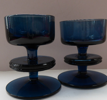 Load image into Gallery viewer, Stylish 1970s SHERINGHAM WEDGWOOD GLASS Set of Two Blue Candlesticks by Stennett-Wilson. 3 1/2 inches High

