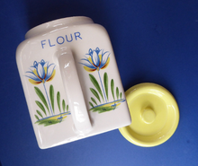 Load image into Gallery viewer, 1950s BRISTOL POTTERY Kitchen Canister or Storage Jar. Vintage Old Delft Tulip Design with Carrying Handle. FLOUR
