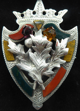 Load image into Gallery viewer, Antique 1901 SILVER BROOCH. Large Shield Brooch with Agates and Overlaid Silver Thistle. Adie Lovekin Ltd
