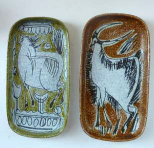 1950s Mid-Century Italian Sgraffito Ceramic Dishes. Pair with Bull and Horse, Probably by FRATELLI FANCIULLACCI