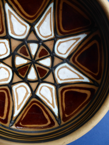 Vintage DANISH Art Pottery Flat Bowl. Attractive Geometric Design. Impressed mark for ABBEDNAES Pottery, Denmark below