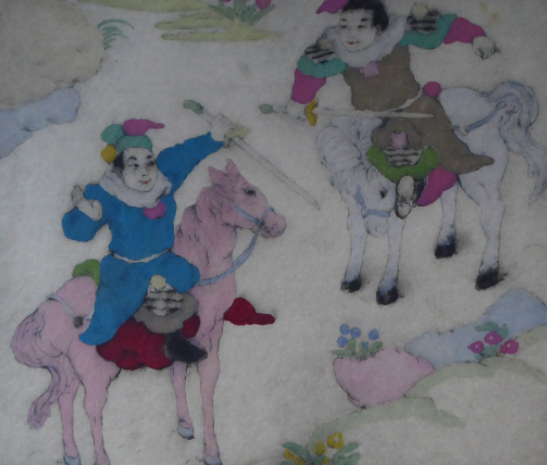 1930s Elyse Lord Coloured Drypoint Etching. Chinese Warriors on Horseback