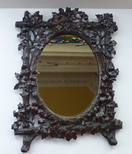 Load image into Gallery viewer, Antique 1880s BLACK FOREST MIRROR Frame in the form of an easel stand; decorated with intricate carvings of oak leaves &amp; acorns
