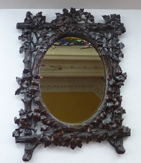 Antique 1880s BLACK FOREST MIRROR Frame in the form of an easel stand; decorated with intricate carvings of oak leaves & acorns