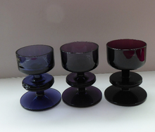 Load image into Gallery viewer, Stylish 1970s SHERINGHAM WEDGWOOD GLASS Set of Three Purple Candlesticks by Stennett-Wilson. 3 1/2 inches High
