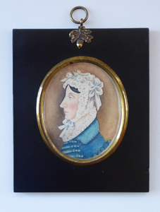 ANTIQUE Portrait Miniature of a Lady in a Cap. Watercolour Study in Antique Black Wooden Frame with Acorn Hanging Ring; c 1830s