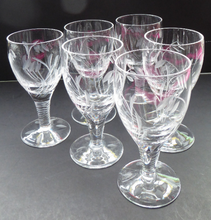 Load image into Gallery viewer, Pretty Set of Six STUART CRYSTAL ELGIN Pattern Sherry or Liqueur Glasses. With Engraved Foliage Design. Signed

