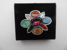 Load image into Gallery viewer, SCOTTISH SILVER: Vintage Agate Brooch with 1952 Glasgow Hallmark. Brooch set with Coloured Agates and Dark Amethyst
